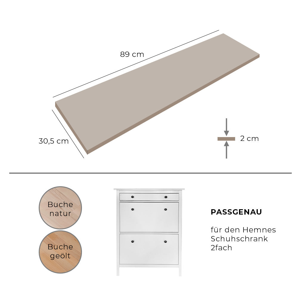 Übersichtsbild von einer Buchenholzplatte mit entsprechenden Maßangaben für den IKEA Schuhschrank Hemnes.