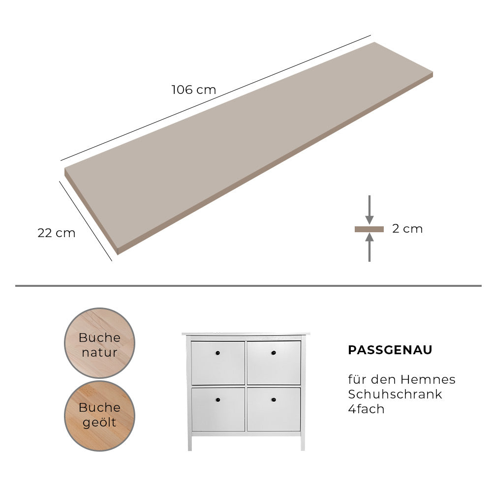 Übersichtsbild von einer Vollholzplatte aus Buche mit entsprechenden Maßangaben, die passgenau für den IKEA Hemnes Schuhschrank mit 4 Fächern ist.