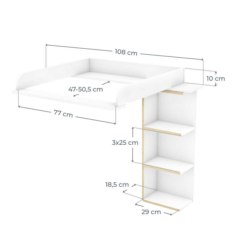 Hemnes Wickelaufsatz für die 108 cm breite IKEA Kommode mit passendem Stauraumregal und entsprechenden Maßangaben.