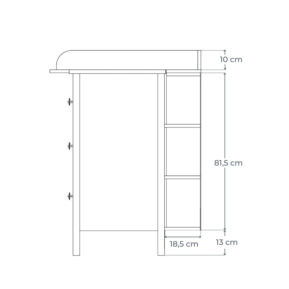 Seitliche Zeichnung von der Hemnes Wickelkommode mit Stauraumregal und entsprechenden Maßangaben.