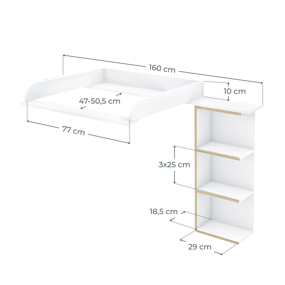 Hemnes Wickelaufsatz mit 160 cm Blende, passendem Stauraumregal und entsprechenden Maßangaben.