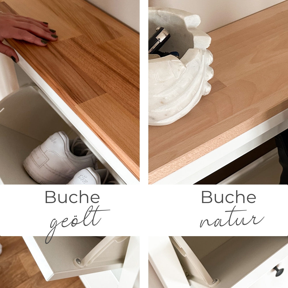 Vergleichsbild von einer Vollholzplatte aus Buchenholz für den IKEA Hemnes Schuhschrank mit 4 Fächern. Links sieht man die Platte in geölter Ausführung und rechts die natur belassene Variante.
