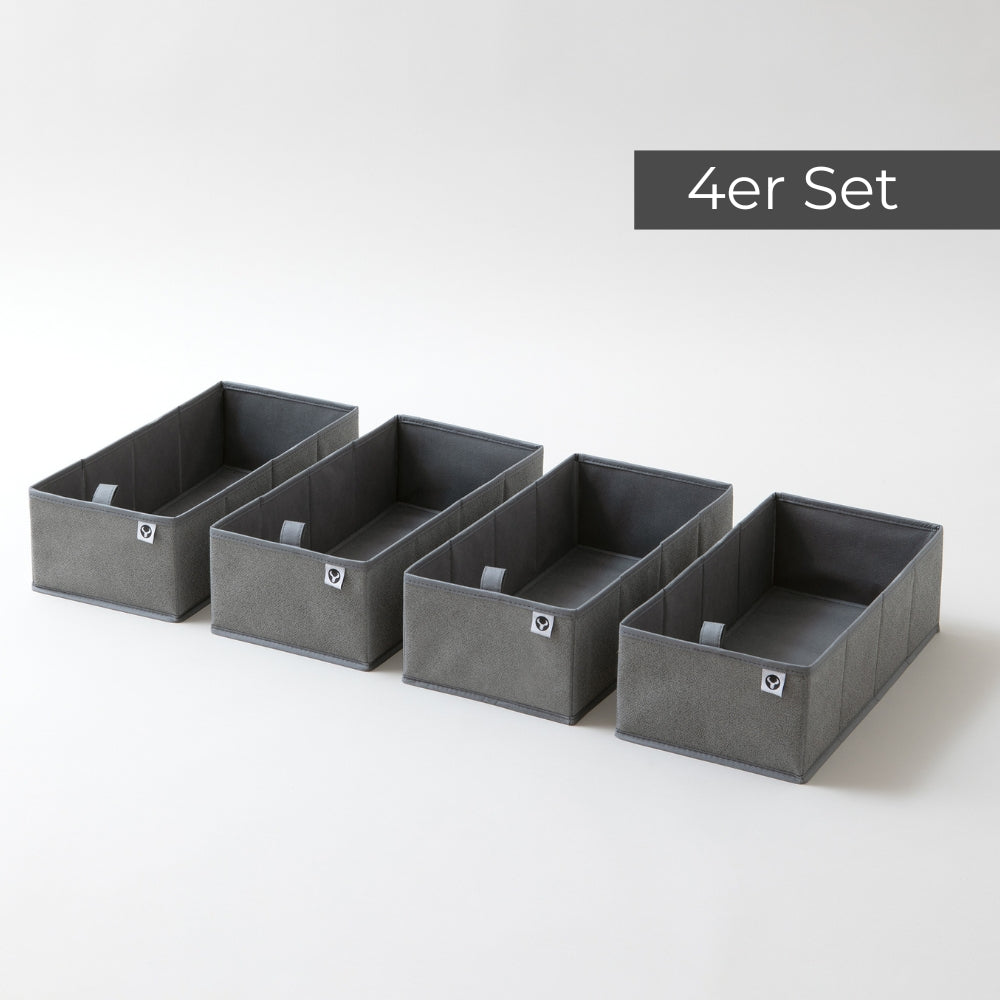 4 graue Schubladenboxen mit Ziehlasche für die Hemnes Kommode.