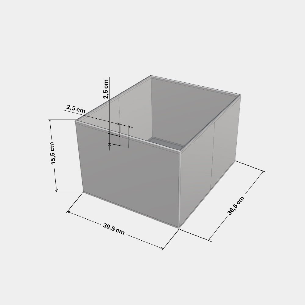Technische Zeichnung einer Kallax Aufbewahrungsbox für ein halbes Fach im IKEA Kallax Regal.