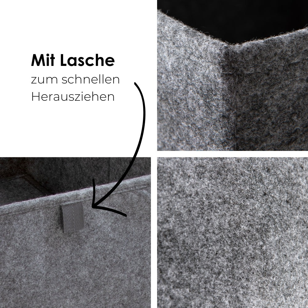 Detailaufnahmen von grau melierten Aufbewahrungsboxen aus Filz für das Kallax Regal von IKEA.