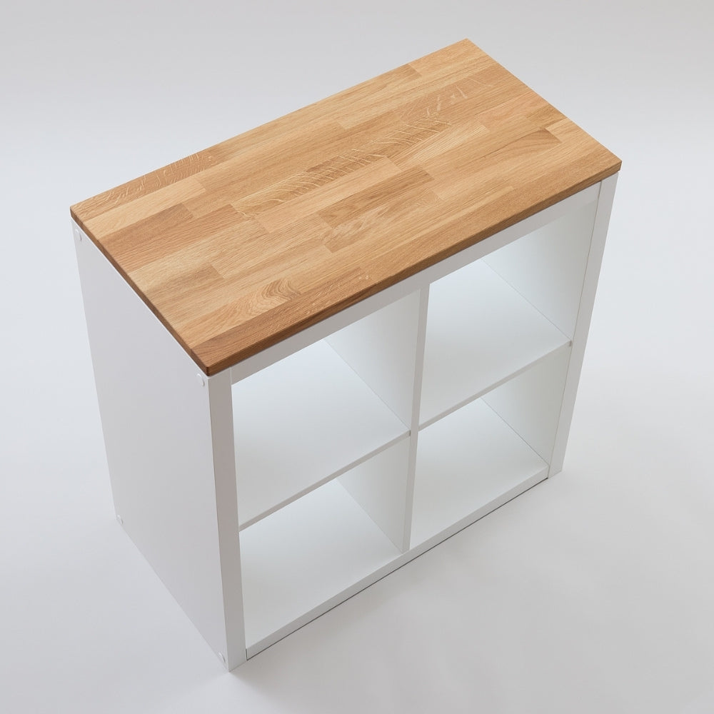 2 Fach breites Kallax Regal von IKEA mit einer Massivholzplatte aus geölten Eichenholz.