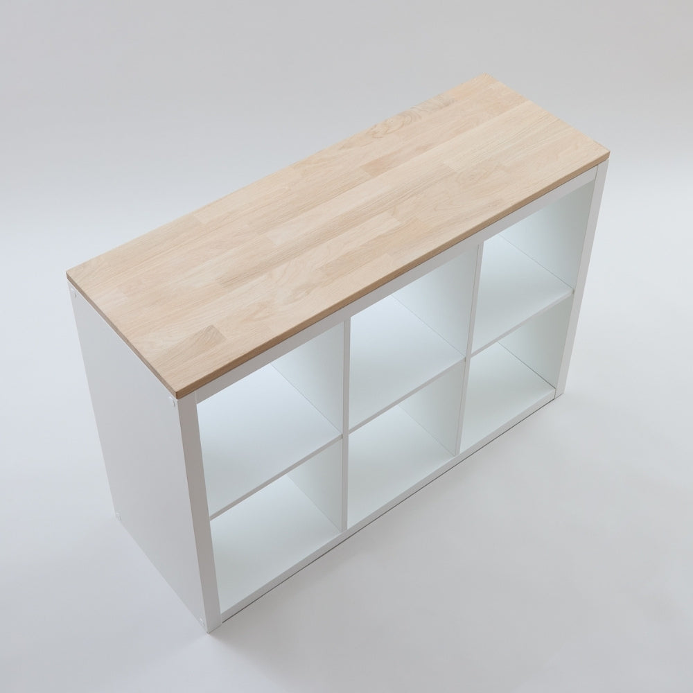 Massive Kallax Holzplatte aus Eiche für das IKEA Kallax Regal 3 Fächer breit. Die Deckplatte ist naturbelassen.