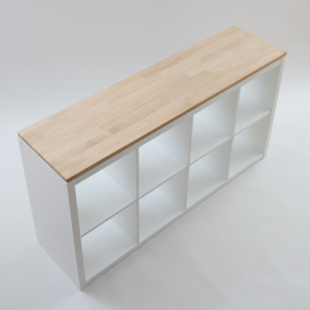 Kallax Holzplatte aus massivem Eichenholz für das IKEA Kallax Regal mit 4 Fächern Breite. Das Holz ist naturbelassen.