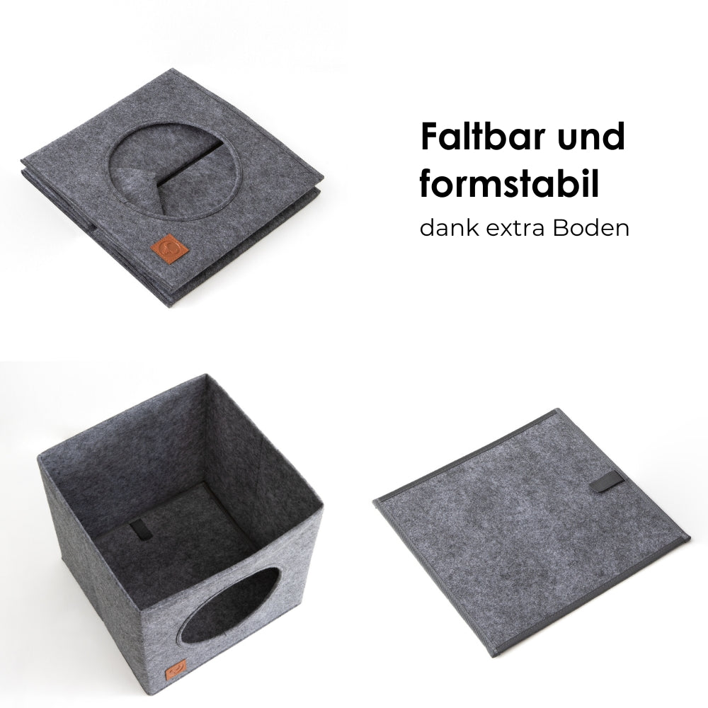 Faltbare Kallax Katzenbox aus grauem Filz mit herausnehmbarem Boden.