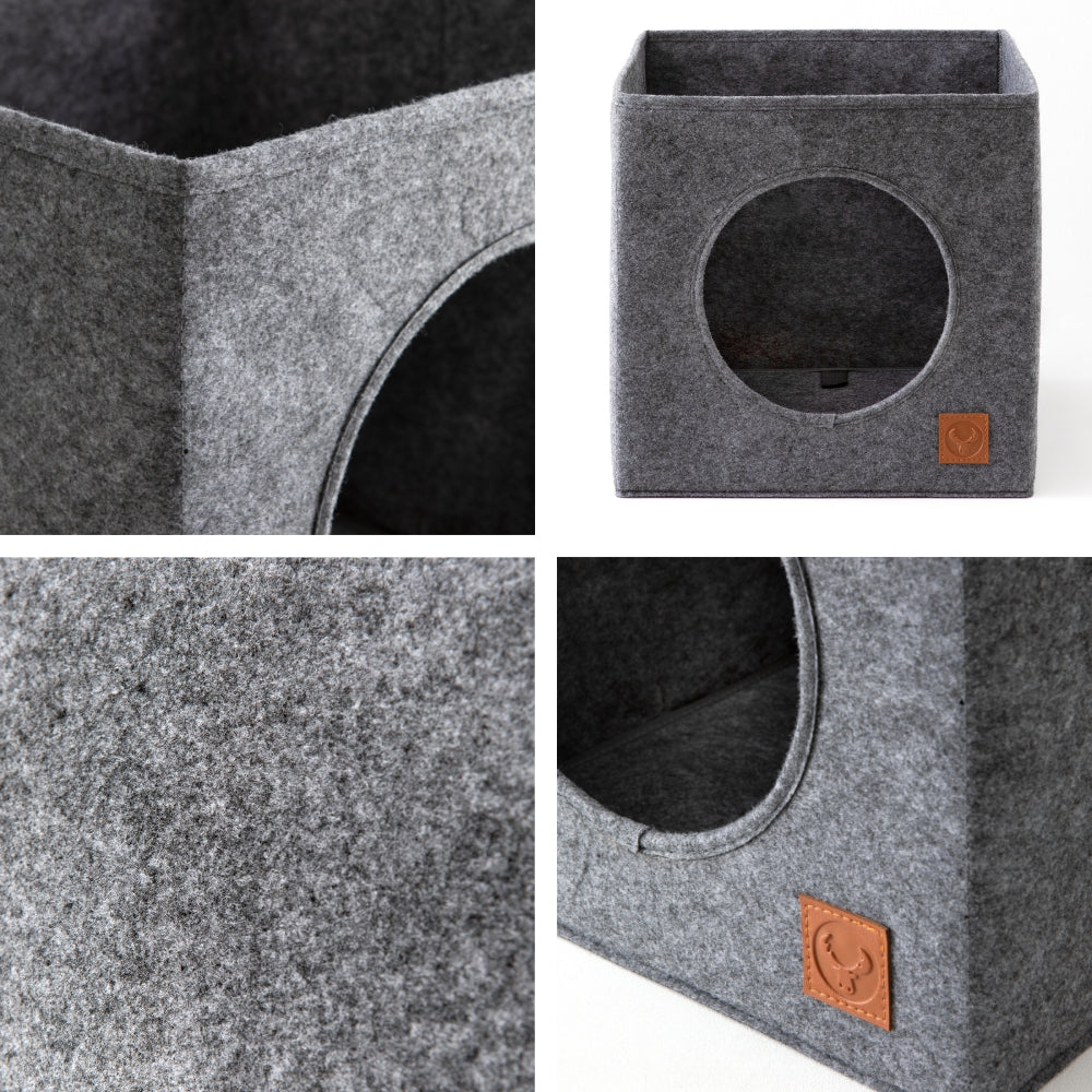 4 Aufnahmen von einemeiner Katzenbox aus Filz für das IKEA Kallax Regal. Diese enthält einen runden Eingang und das New Swedish Design Logo.