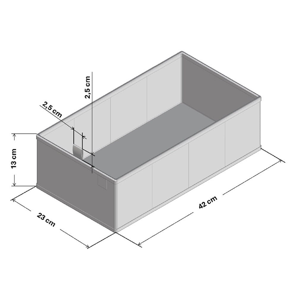 Technische Zeichnung einer faltbaren Schubladenbox für die Malm Kommode mit entsprechenden Maßangaben.