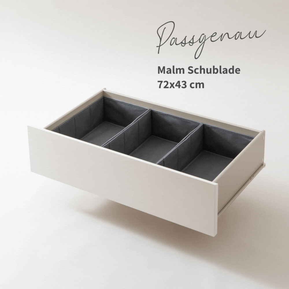 Eine Schublade einer weißen Malm Kommode von IKEA, die mit 3 passgenauen Schubladen Organizern gefüllt ist.