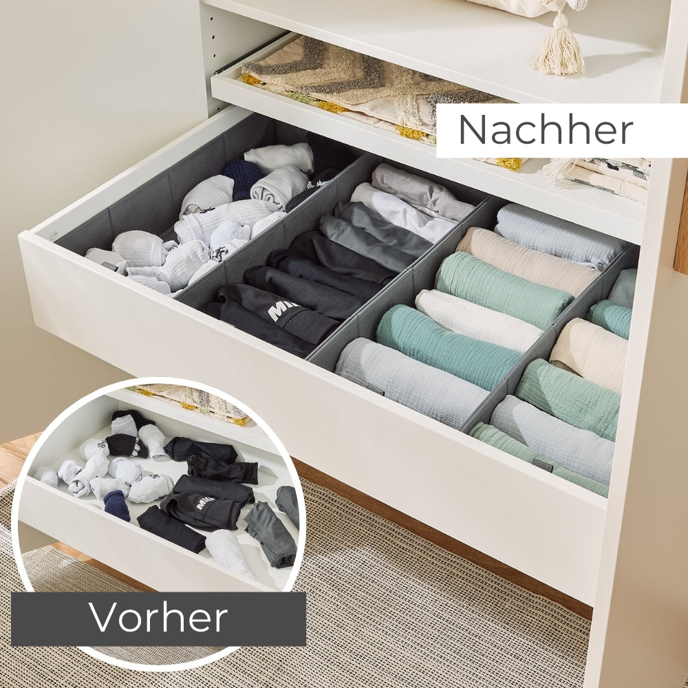Vorher-Nachher-Vergleich einer ohne und einer mit Schubladen Organizer gefüllten Schubladen im Pax Schrank.