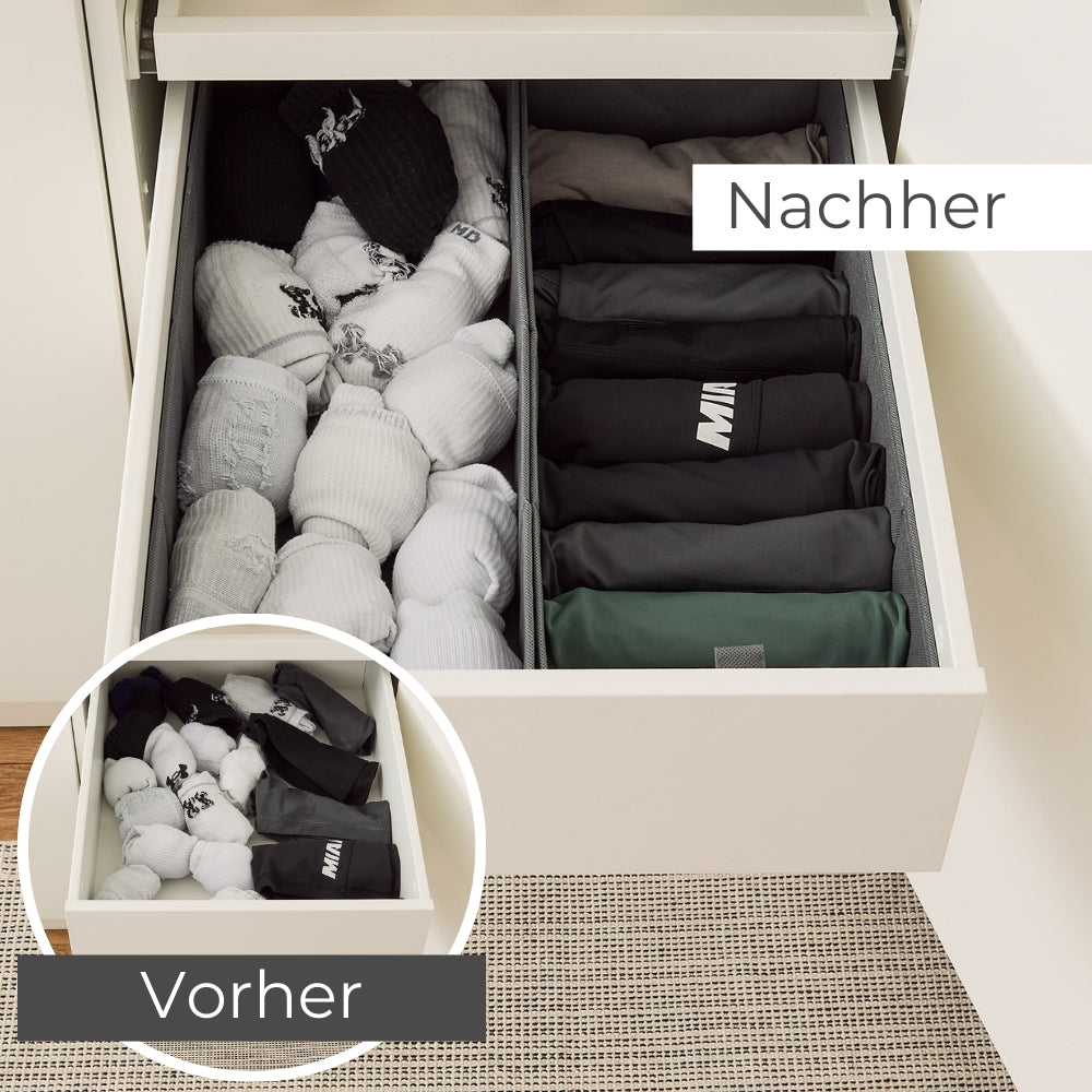 Vorher-Nachher-Vergleich einer unordentlichen und einer mit Organizern sortierten Schublade im Pax Schrank.
