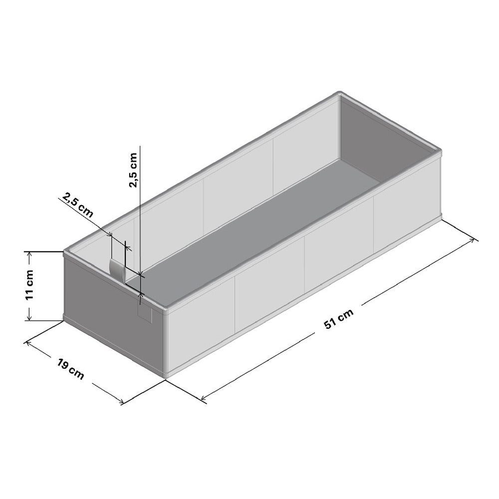 Technische Zeichnung einer Schubladenbox für eine Pax Schublade mit entsprechenden Maßangaben.