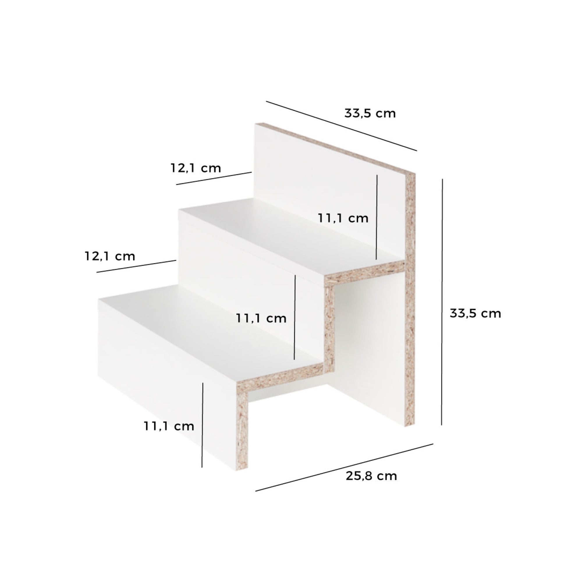 Kallax Einsatz mit 3 Stufen und entsprechenden Maßangaben.