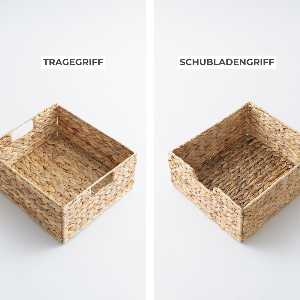 Halbe Kallax Körbe aus Wasserhyazinthe mit zwei verschiedenen Griffen, und zwar Tragegriff und Schubladengriff.