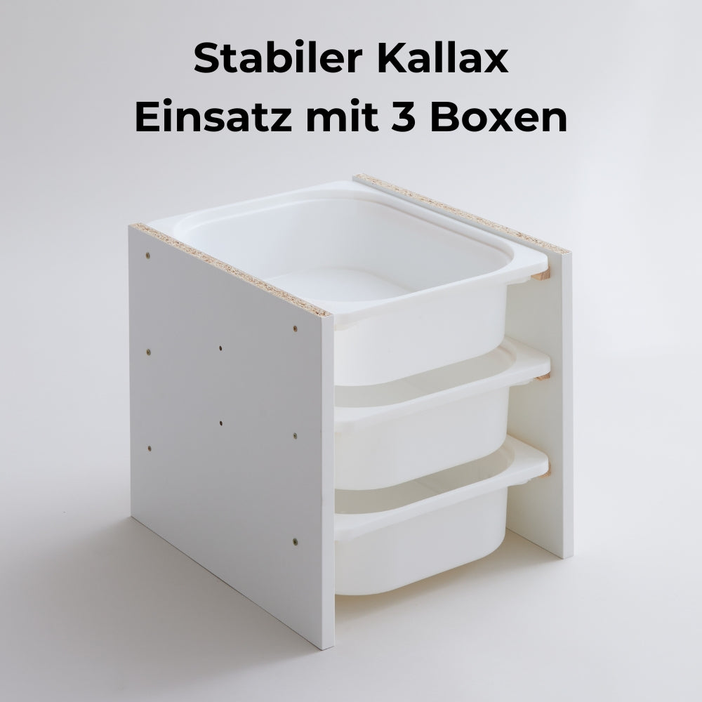 Kallax Regal Einsatz mit Holzschienen und 3 weißen Boxen zum Hineinschieben.