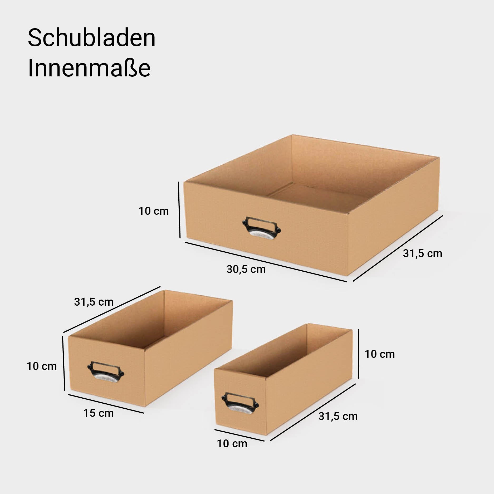 Drei Schubladen mit Abmessungen.