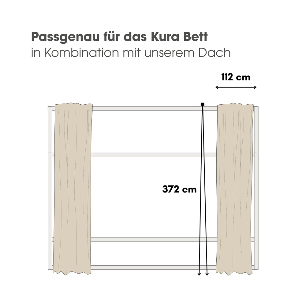 Technische Zeichnung vom Kura Baldachin fürs Kura Bett mit entsprechenden Maßangaben.