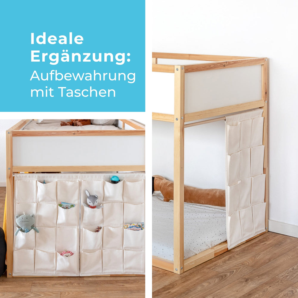 Kura Bett mit Vorhangstange und textiler Aufbewahrungstasche.