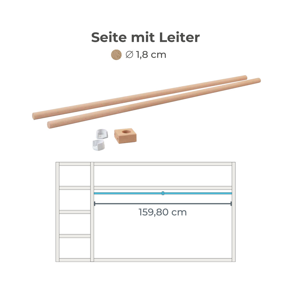 Kura Vorhangstange für die Seite mit Leiter und entsprechenden Maßangaben.