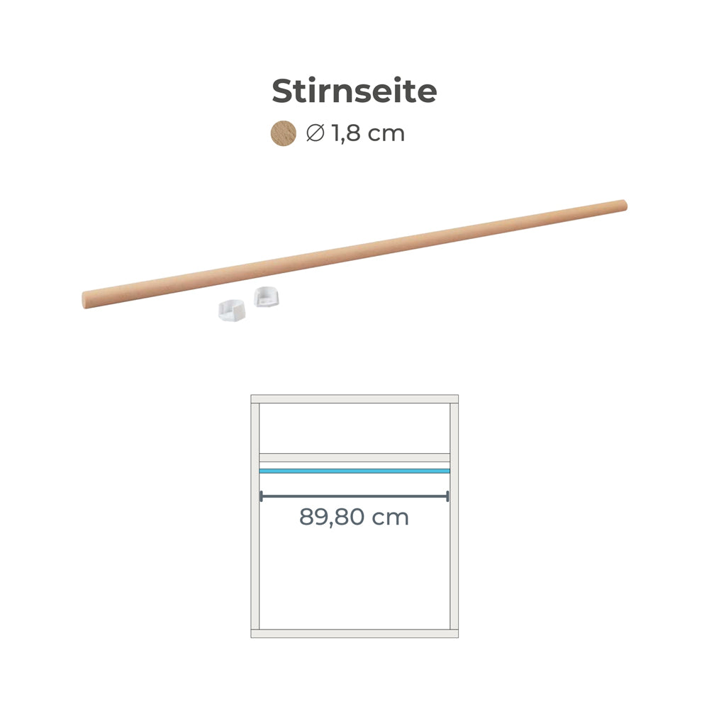 Kura Vorhangstange für die Stirnseite und entsprechenden Maßangaben.