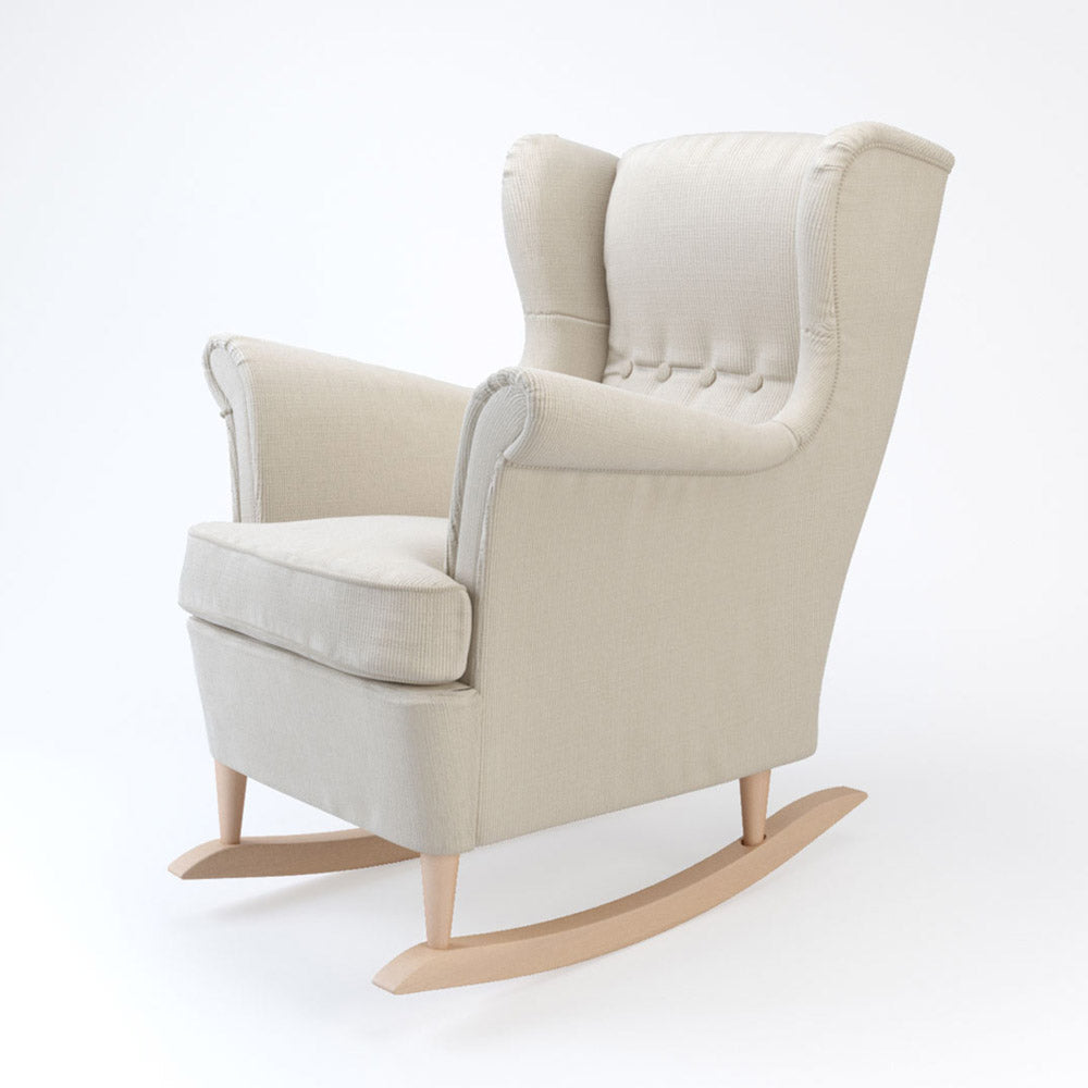 IKEA Strandmon Ohrensessel in Beige mit Schaukelstuhlkufen.