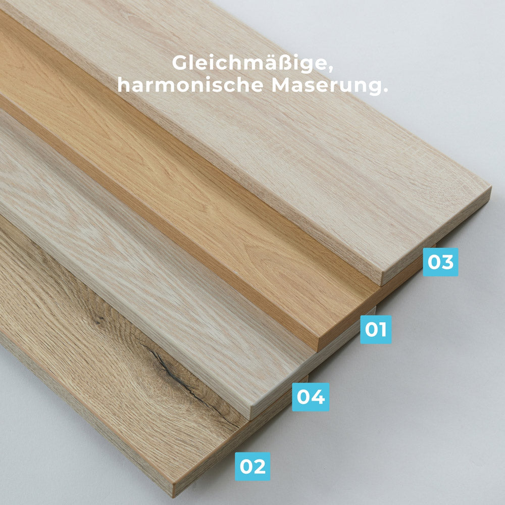 Detailaufnahme Trones Holzplatte in 4 verschiedenen Holzstilen mit harmonischer Maserung.