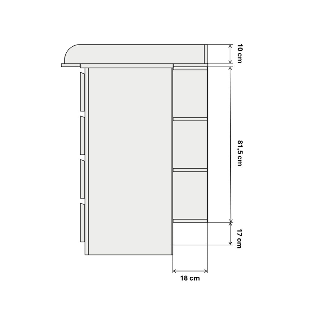 Technische Zeichnung vom Stauraumregal und Wickelaufsatz für die 4er Malm Kommode mit entsprechenden Maßangaben.