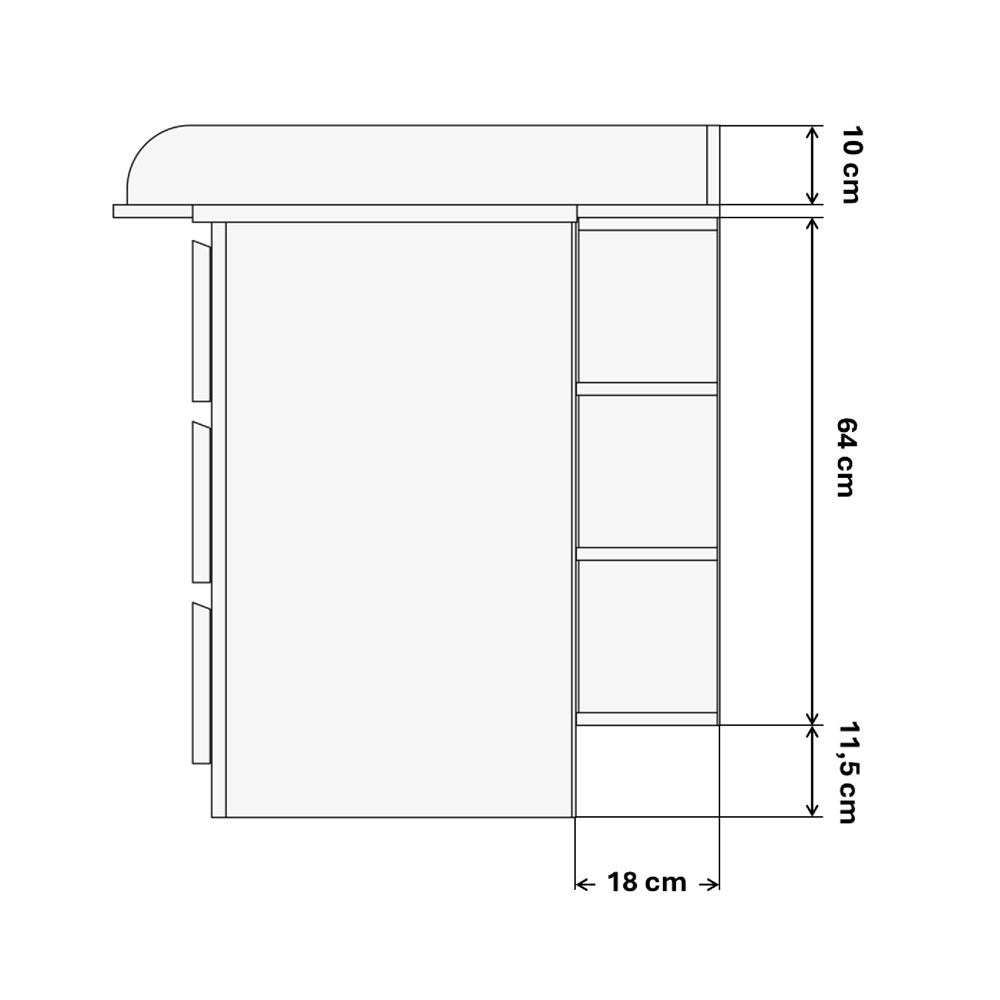 Technische Zeichnung vom Wickelaufsatz Malm mit Stauraumregal und entsprechenden Maßangaben.