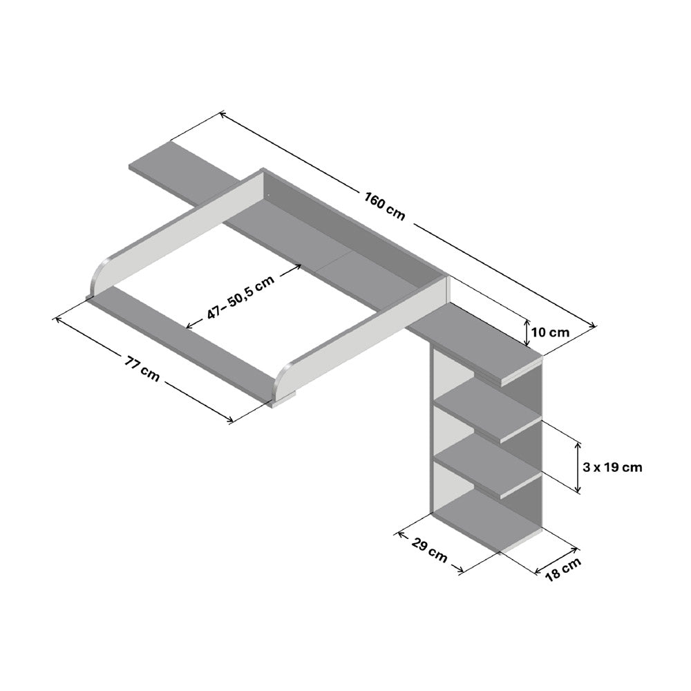 Technische Zeichnung vom Wickelaufsatz Malm für die große Kommode mit Stauraumregal und entsprechenden Maßangaben.