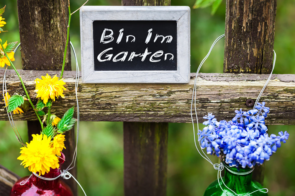 Blumenvasen an Zaun mit Schild