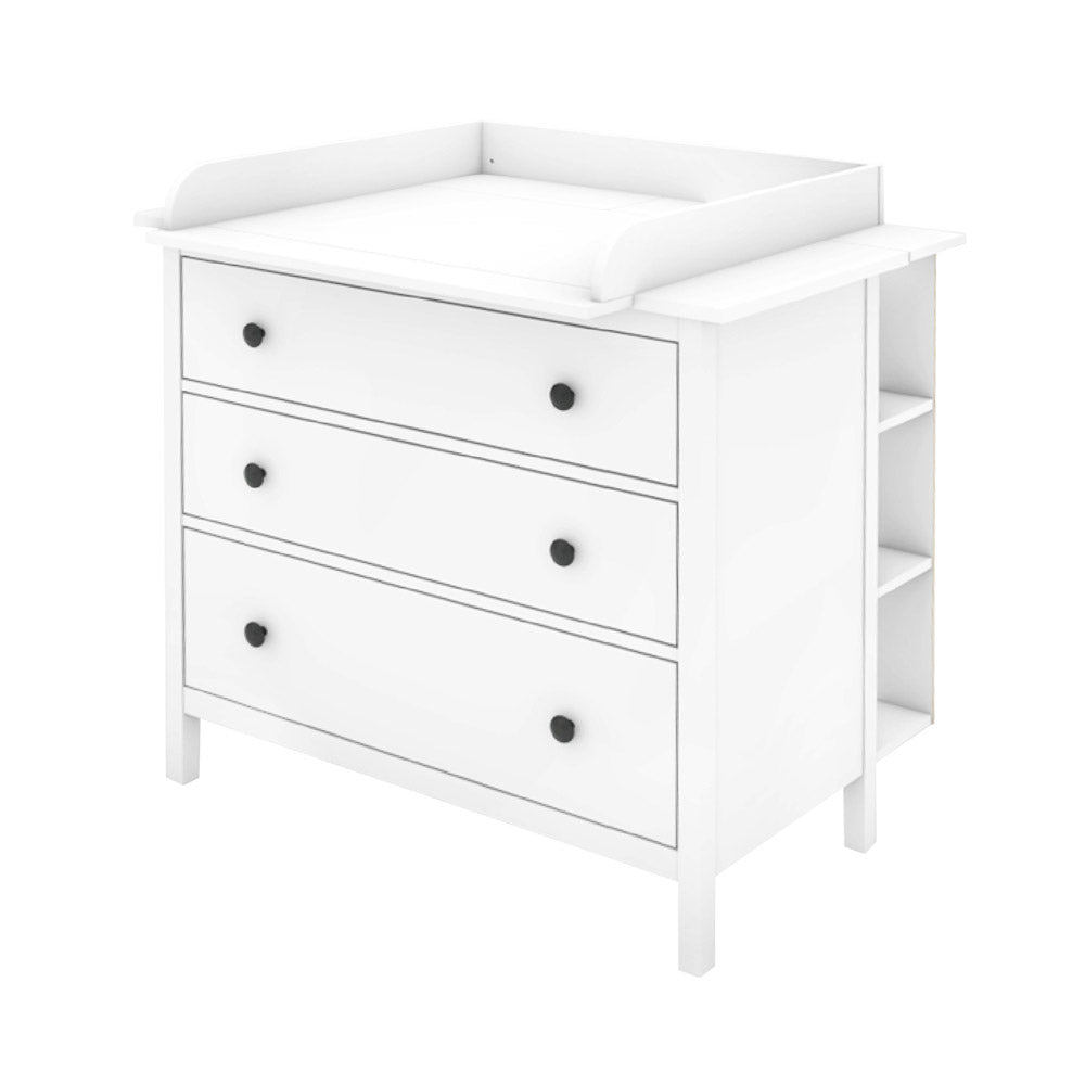 108 cm breite Hemnes Kommode mit 3 Schubladen, passendem Wickelaufsatz und Stauraumregal.