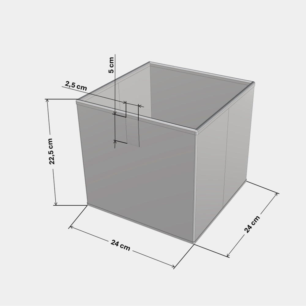 Technische Zeichnung einer Aufbewahrungsbox für das IKEA Billy Regal mit entsprechenden Maßngaben.