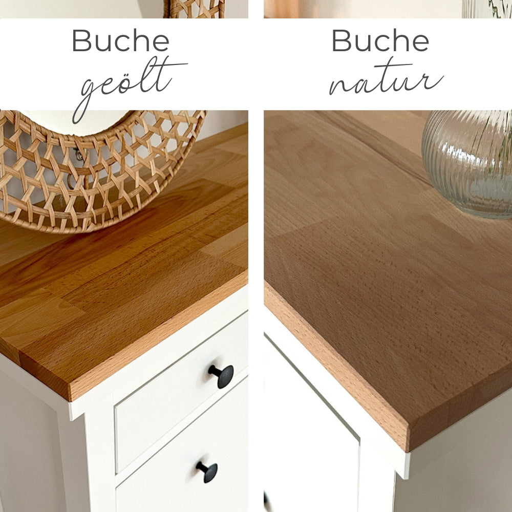 Vergleichsbild, auf dem man eine Buchenplatte in geölter und in natürlicher Ausführung nebeneinander auf einem weißen IKEA Hemnes Schuhschrank sieht.