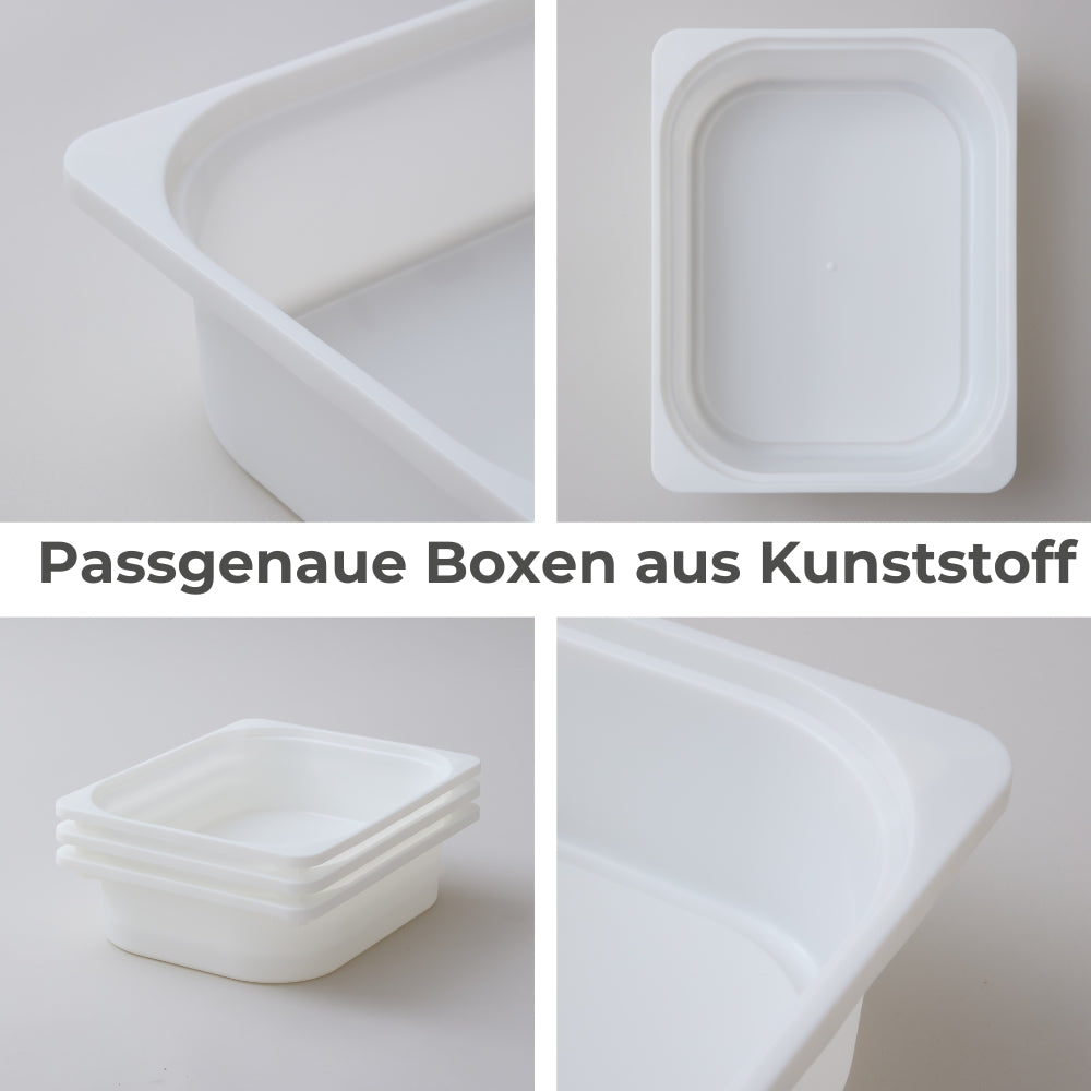 Weiße Aufbewahrungsboxen aus Kunststoff für Kallax Regal Einsatz.