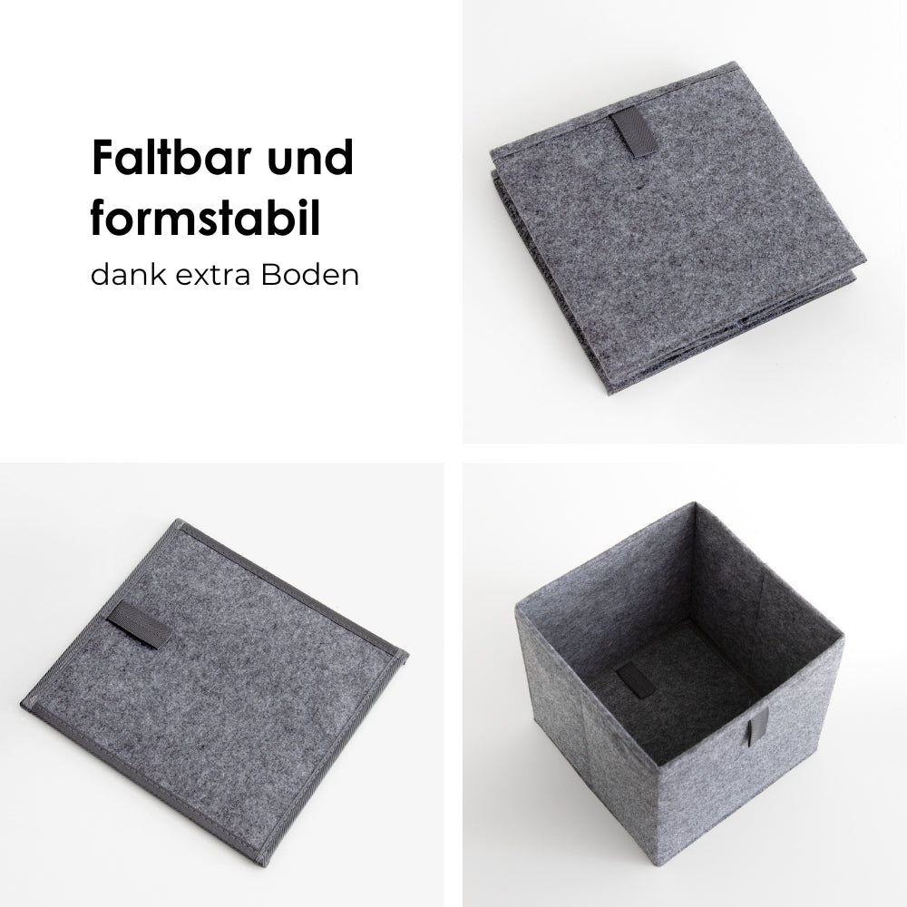 Faltbare Aufbewahrungsbox aus Filz für das Kallax Regal von IKEA. Mit dem extra Boden bleibt sie formstabil.