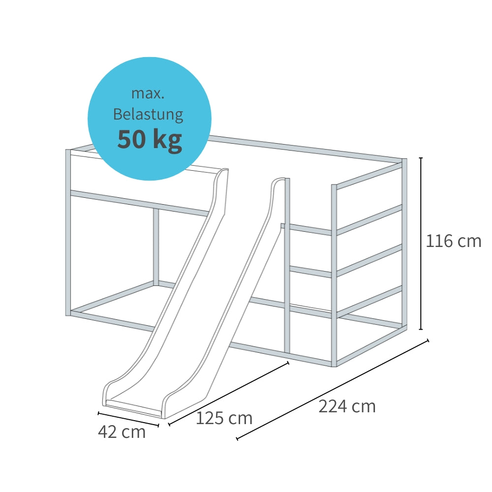 Technische Zeichnung der Rutsche fürs Ikea Kura Bett mit Bemaßung. Die Maße der Rutsche betragen 125 cm x 42 cm x 116 cm. Nach Montage beträgt die Gesamtbreite des Kura Betts mit Rutsche 224 cm. Die maximale Belastung der Rutsche sollte 50kg nicht überschreiten.