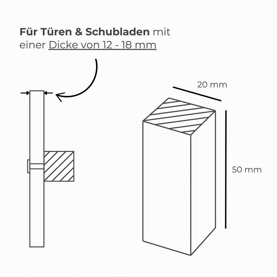 Technische Zeichnung von einem rechteckigen Möbelgriff mit Maßangaben.