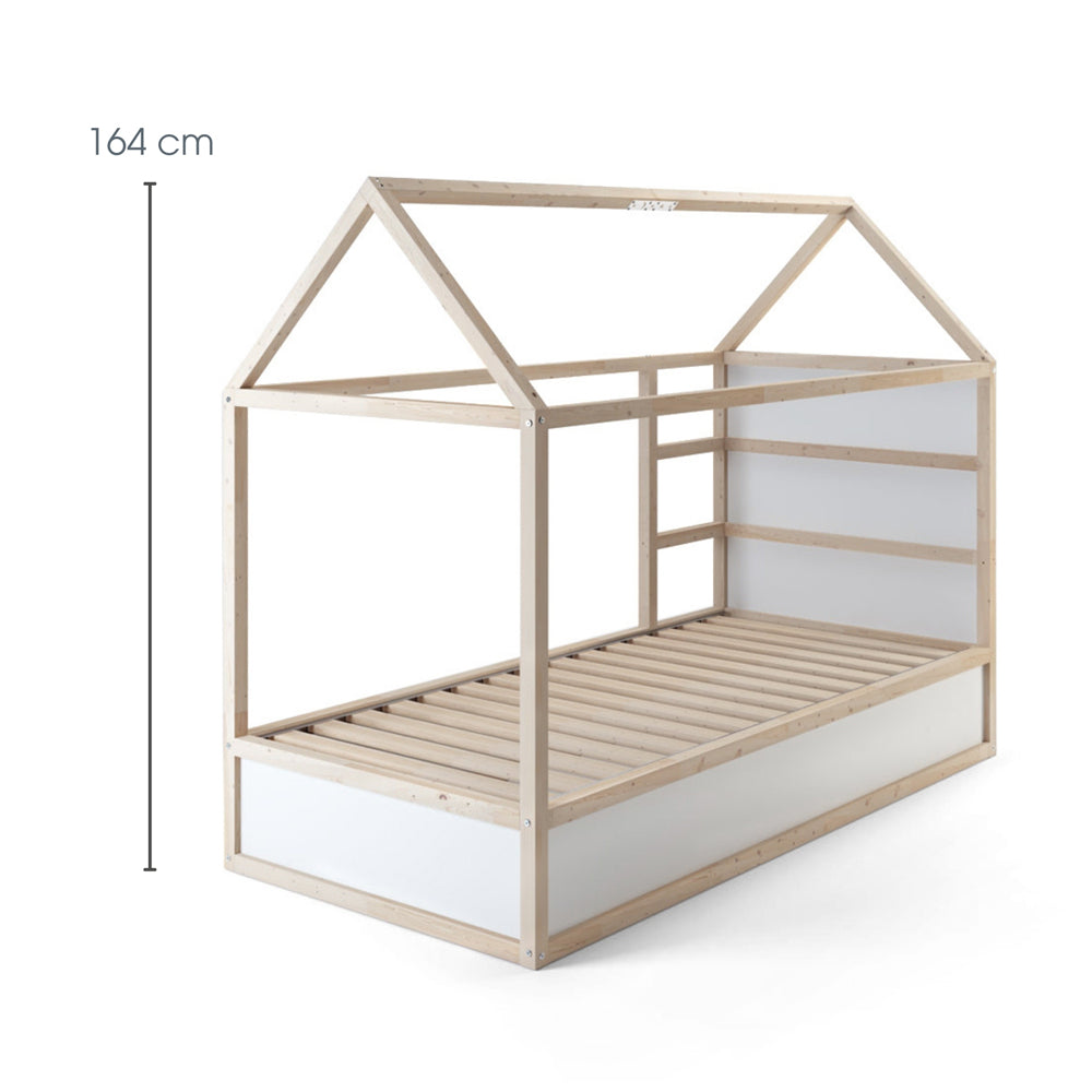 IKEA Kura Bett mit Dach und Massangaben.