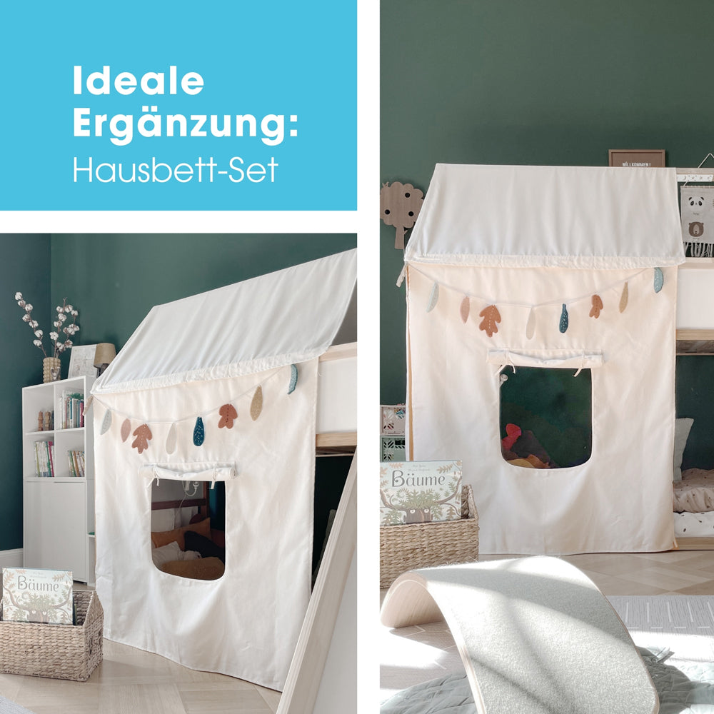IKEA Kura Bett mit Dach und Hausbett-Set in einem Kinderzimmer.