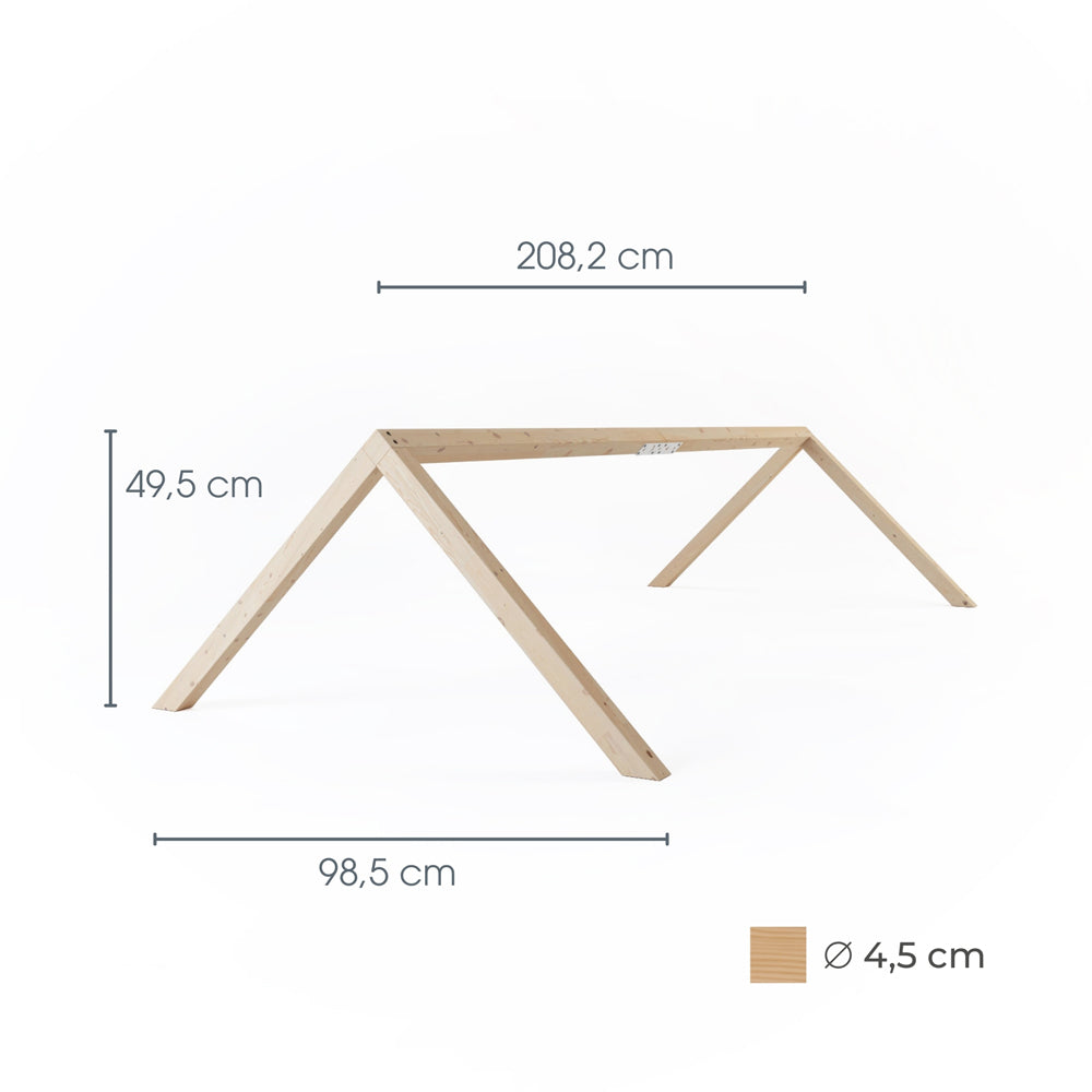 Einzelaufnahme vom Kura Dach aus Kiefernholz mit entsprechenden Massangaben.