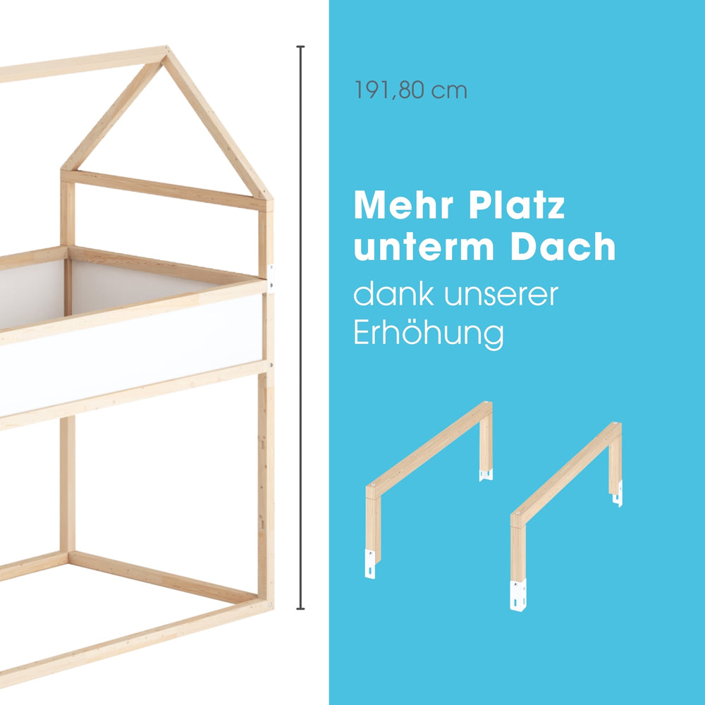 Kura Bett mit Dach und extra Erhöhung für mehr Platz unterm Dach.