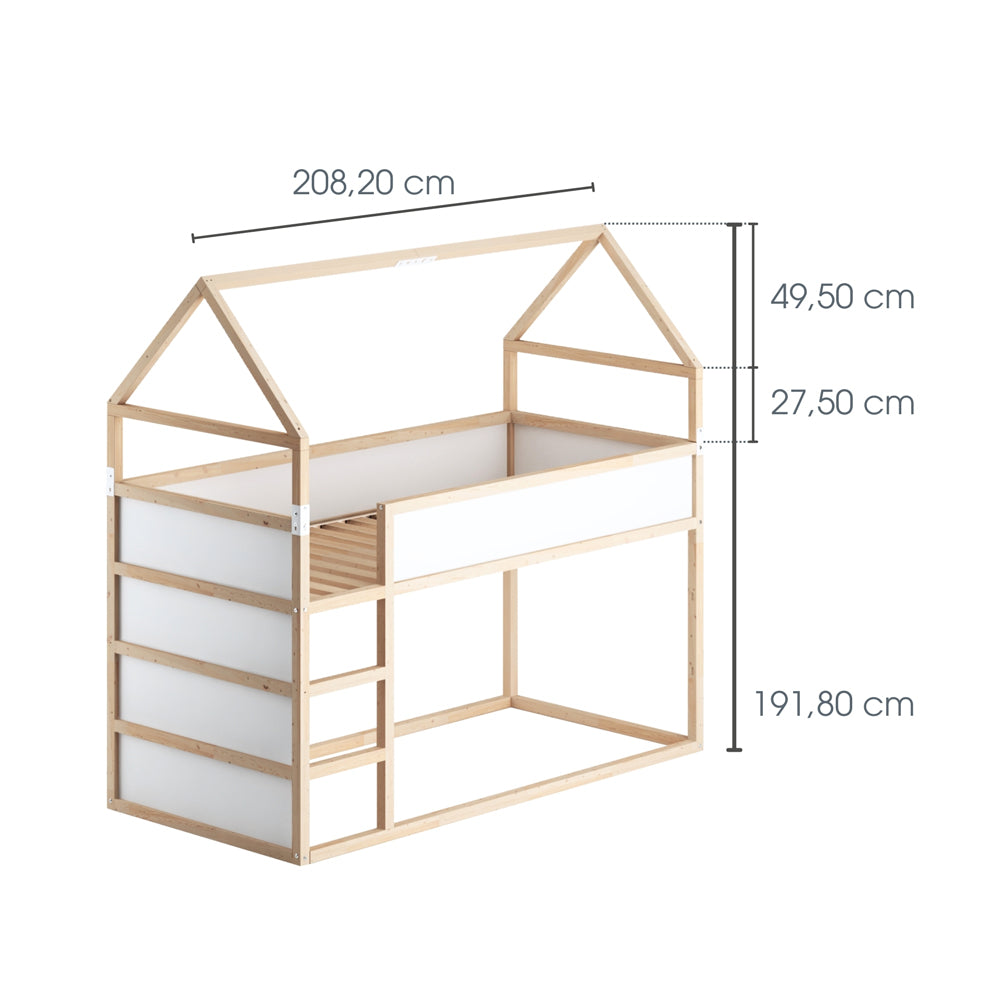 IKEA Kura Bett als Hochbett mit Dach und Erhöhung und entsprechenden Maßangaben.