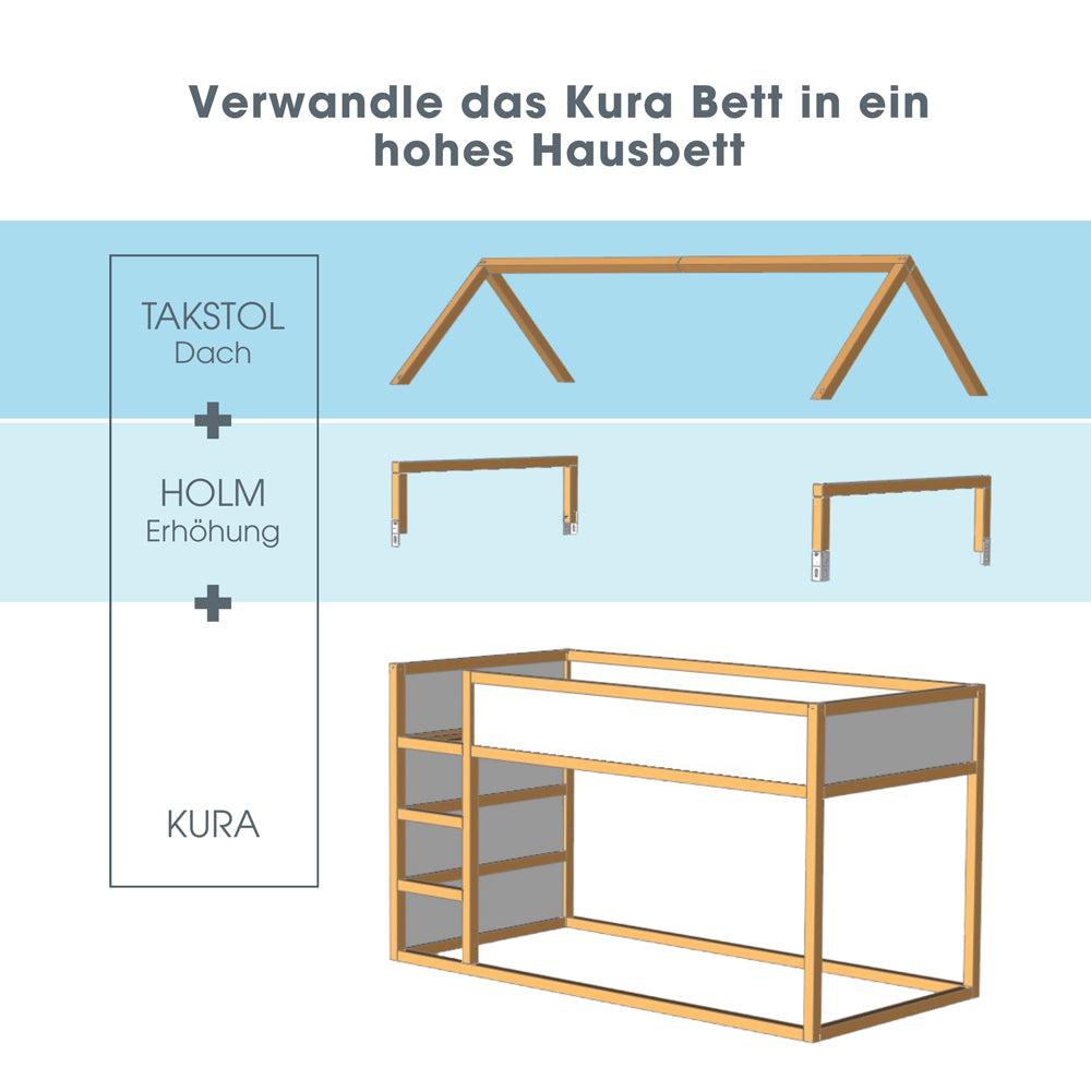 Kura Bett als Hochbett mit Dach und Erhöhung, die für mehr Kopffreiheit sorgt.