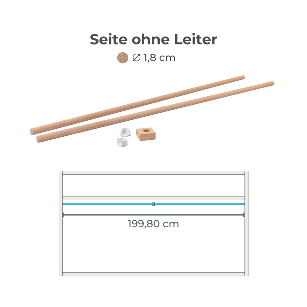 Kura Vorhangstange für die Seite ohne Leiter und entsprechenden Maßangaben.