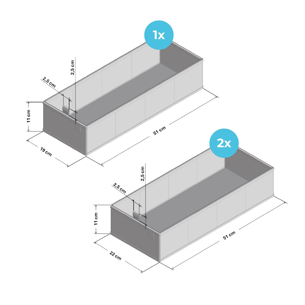 Technische Zeichnung von 2 Pax Organizern mit entsprechenden Maßangaben.