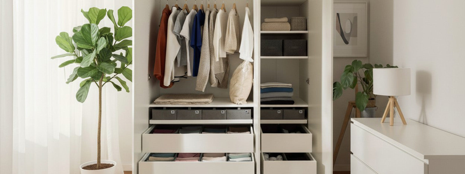 Ausschnitt eines gefüllten Pax Kleiderschrank-Systems von IKEA mit offenen Türen und Schubladen mit Organizern.