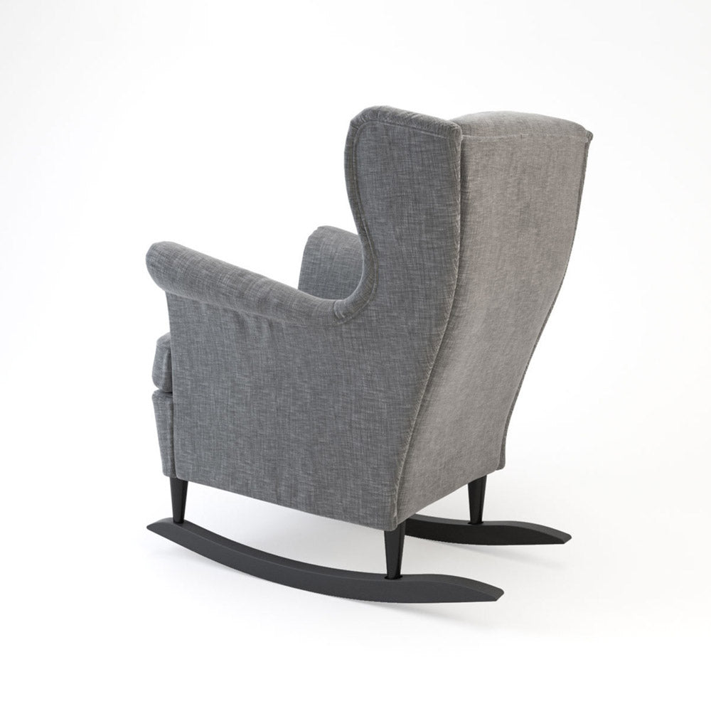 Rückansicht Strandmon Ohrensessel mit Schaukelstuhlkufen.